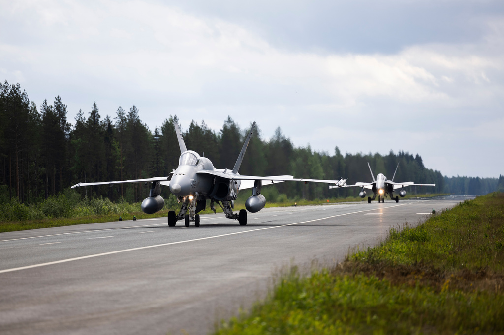 F/A-18 Hornet multi-role fighters of the Finnish Air Force take off from a road strip during NATO's Ramstein Flag 26 exercise in Tervo, Finland, Wednesday June 10, 2026. (Matias Honkamaa/Lehtikuva via AP)