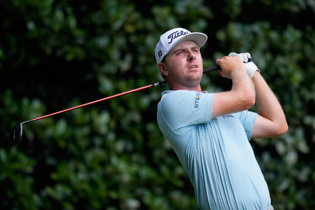 Ryan Gerard hits from the 12th tee during the final round of the PGA Tour Championship golf tournament Sunday, Aug. 30, 2026, in Atlanta. (AP Photo/Mike Stewart)