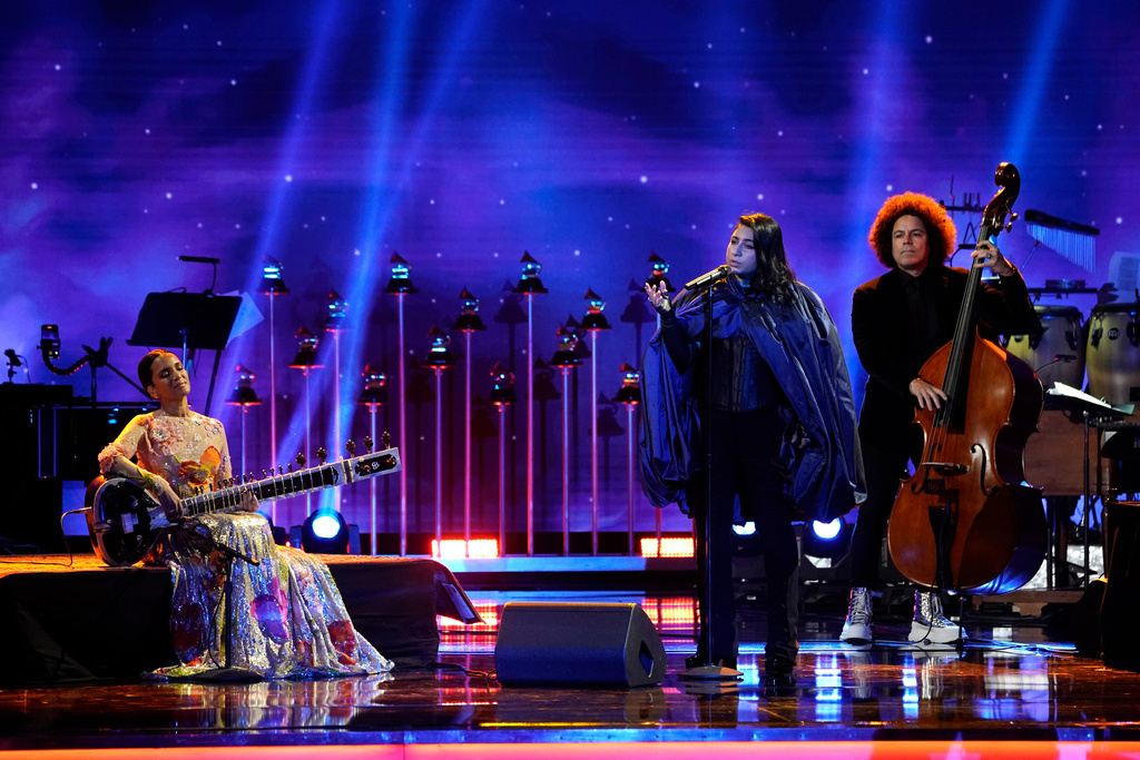 Anoushka Shankar, left, and Arooj Aftab perform on stage at the 65th annual Grammy Awards on Sunday, Feb. 5, 2023, in Los Angeles. (AP Photo/Chris Pizzello)