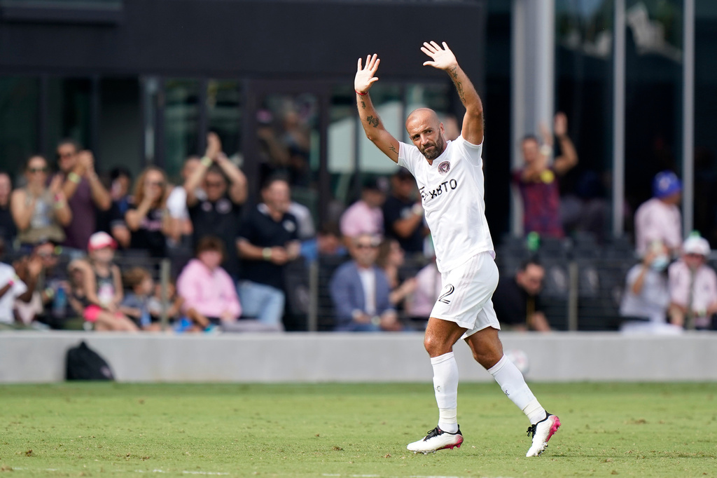 FILE - Inter Miami forward Federico Higuain waves to fans as he leaves the field the second half of an MLS soccer match against New York City FC, Saturday, Oct. 30, 2021, during, in Fort Lauderdale, Fla. (AP Photo/Wilfredo Lee, File)