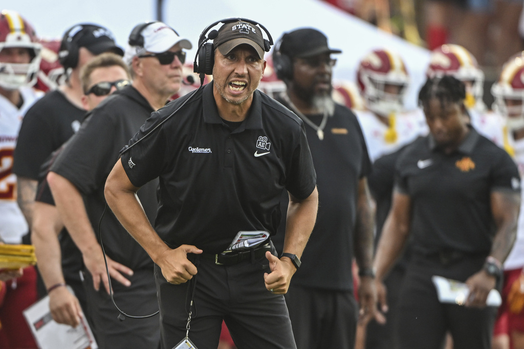 Iowa State coach Matt Campbell yells to his team from the sidelines as they play Arkansas State during an NCAA college football game Saturday, Sept. 13, 2025, in Jonesboro, Ark. (AP Photo/Michael Woods)