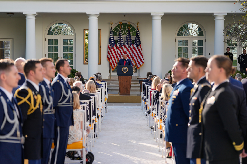 President Donald Trump speaks before posthumously awarding the Presidential Medal of Freedom to Charlie Kirk in the Rose Garden of the White House, Tuesday, Oct. 14, 2025, in Washington. (AP Photo/Alex Brandon)