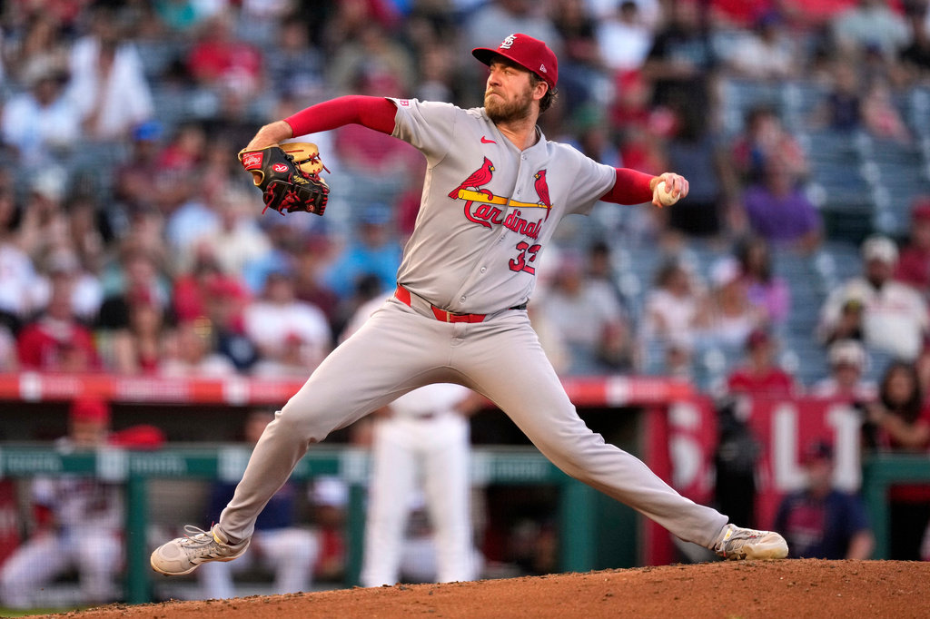 St. Louis Cardinals pitcher Matthew Liberatore throws to the plate during the third inning of a baseball game against the Los Angeles Angels, Tuesday, July 21, 2026, in Anaheim, Calif. (AP Photo/Mark J. Terrill)