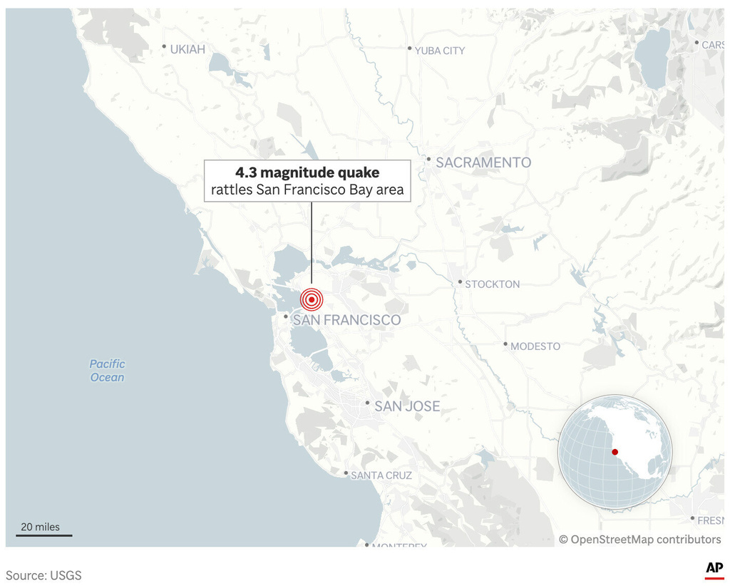 The map above shows the location of a 4.3 magnitude earthquake in the San Francisco Bay area on Sept. 22, 2025. (AP Digital Embed)