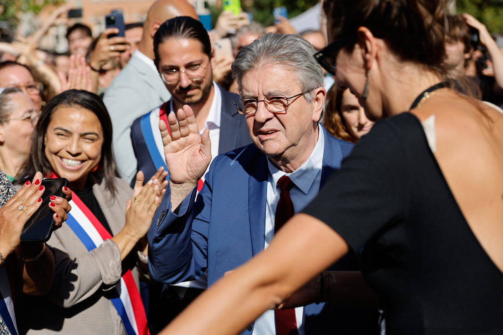 French far-left leader Jean-Luc Melenchon, candidate at the presidential election arrives to give a speech during the annual Braderie in Lille, northern France, Saturday, Sept. 5, 2026. (AP Photo/Jean-Francois Badias)