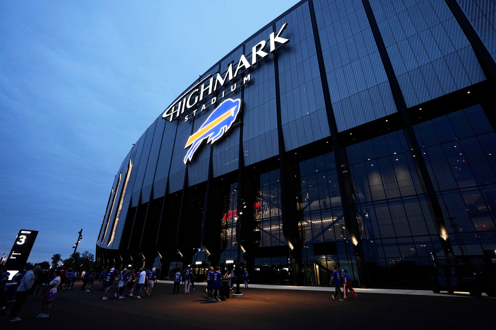 A general view of the exterior of Highmark Stadium is shown before an NFL football game between the Buffalo Bills and Detroit Lions in Orchard Park, N.Y., Thursday, Sept. 17, 2026. (AP Photo/Sue Ogrocki)