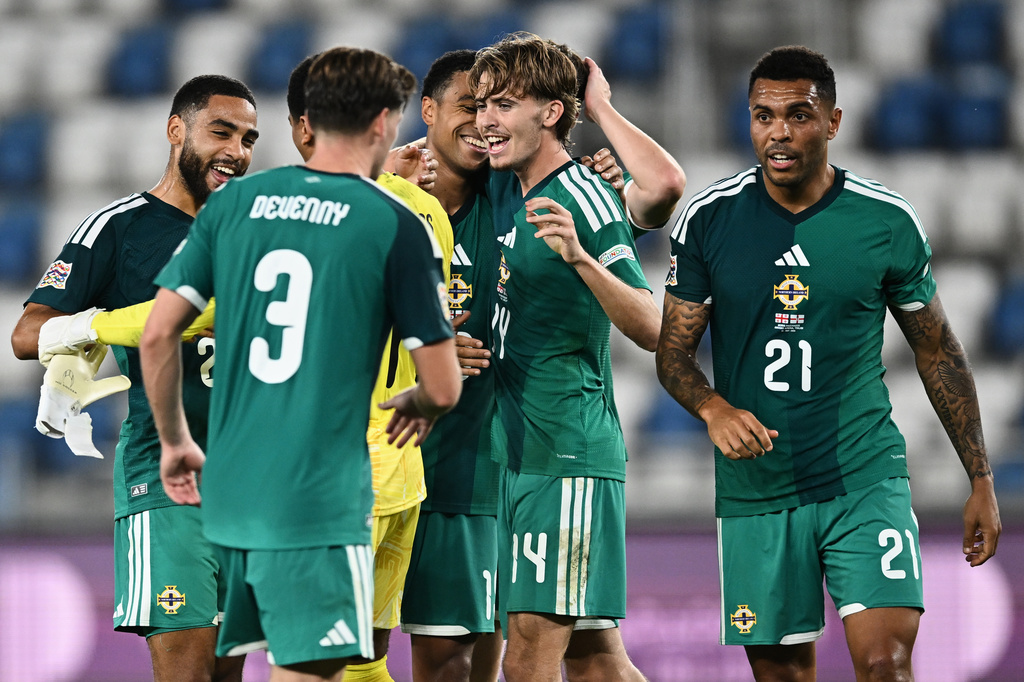Northern Ireland's team celebrate after scoring their side's opening goal during the Nations League soccer match between Georgia and Northern Ireland in Tbilisi, Georgia, Friday, Sept. 25, 2026. (AP Photo/Tamuna Kulumbegashvili)