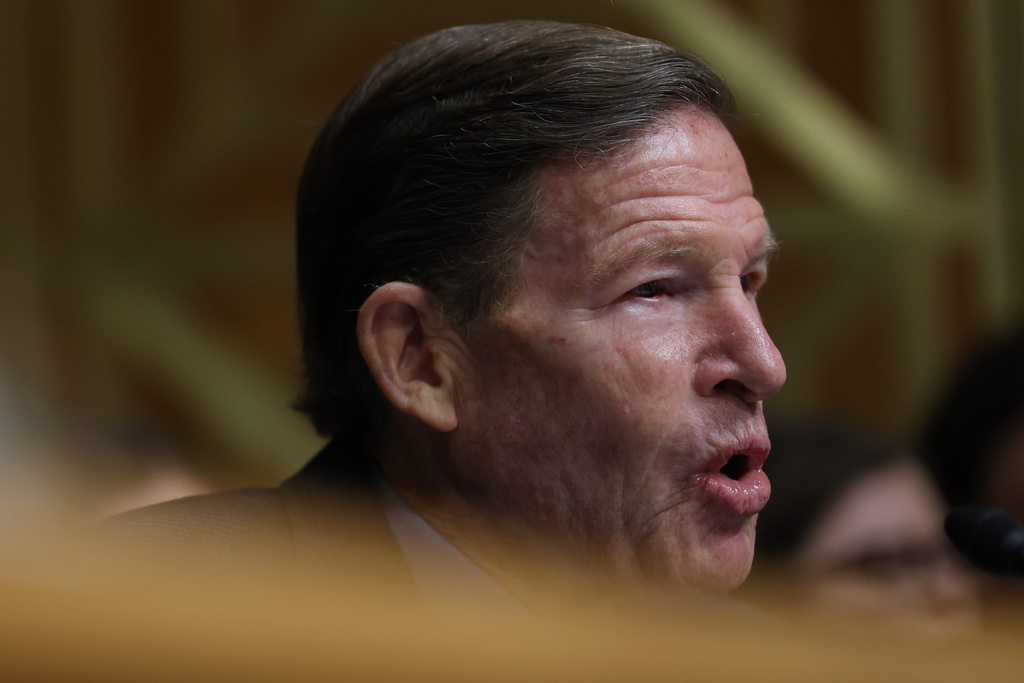 Sen. Richard Blumenthal, D-Ct., speaks during a Senate Homeland Committee hearing on Capitol Hill in Washington, Thursday, Feb. 12, 2026, in Washington. (AP Photo/Tom Brenner)