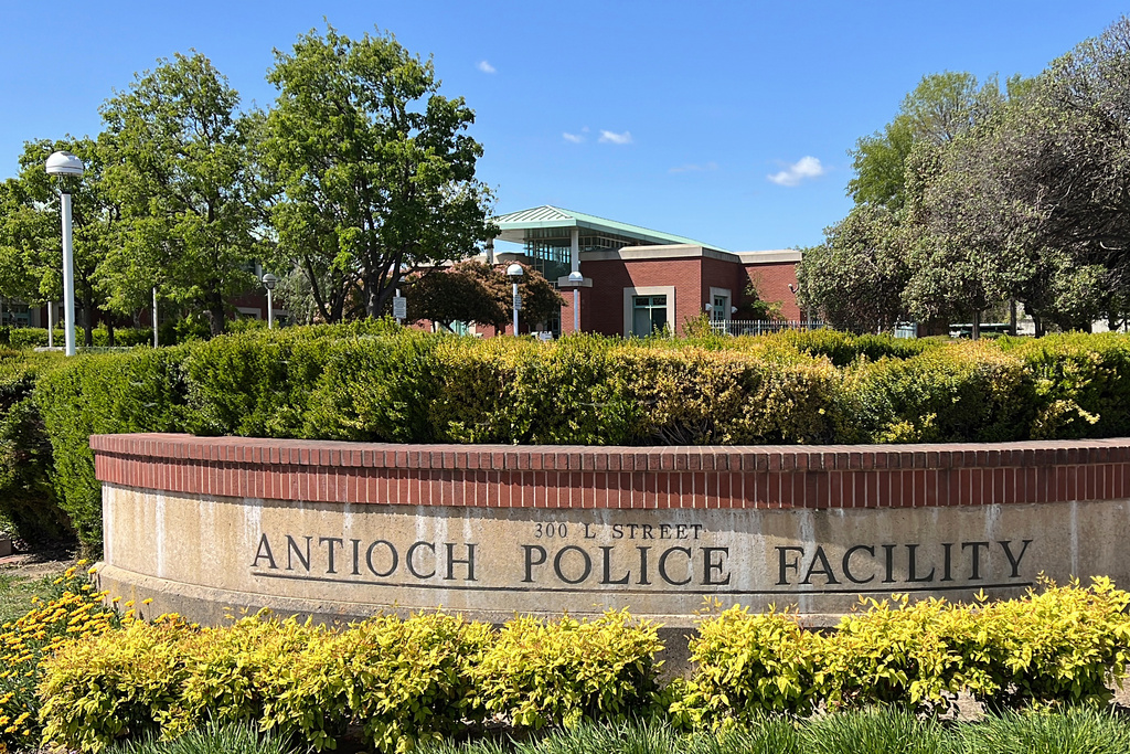 FILE - A sign marks the exterior of the Antioch police headquarters in Antioch, Calif., April 19, 2023. (AP Photo/Terry Chea, File)