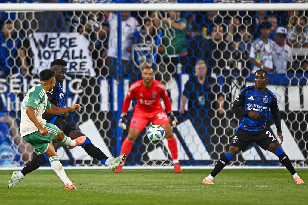 Austin FC midfielder Owen Wolff (33) kicks a goal against the San Jose Earthquakes during the first half of their decision match play at PayPal Park in San Jose, Calif., on Saturday, Oct. 18, 2025. (Jose Carlos Fajardo/Bay Area News Group via AP)