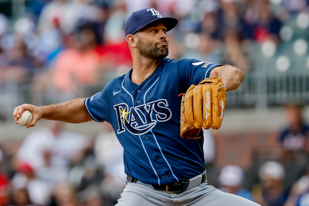 Tampa Bay Rays pitcher Nick Martinez delivers to an Atlanta Braves batter during the first inning of a baseball game, Thursday, Sept. 10, 2026, in Atlanta. (AP Photo/Erik S. Lesser)