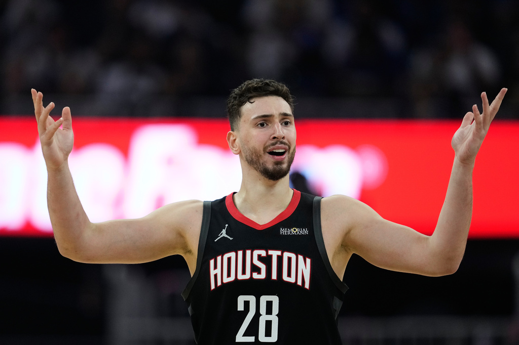 Houston Rockets center Alperen Sengun reacts during the first half of an NBA basketball game against the Golden State Warriors, Sunday, April 5, 2026, in San Francisco. (AP Photo/Godofredo A. Vásquez)