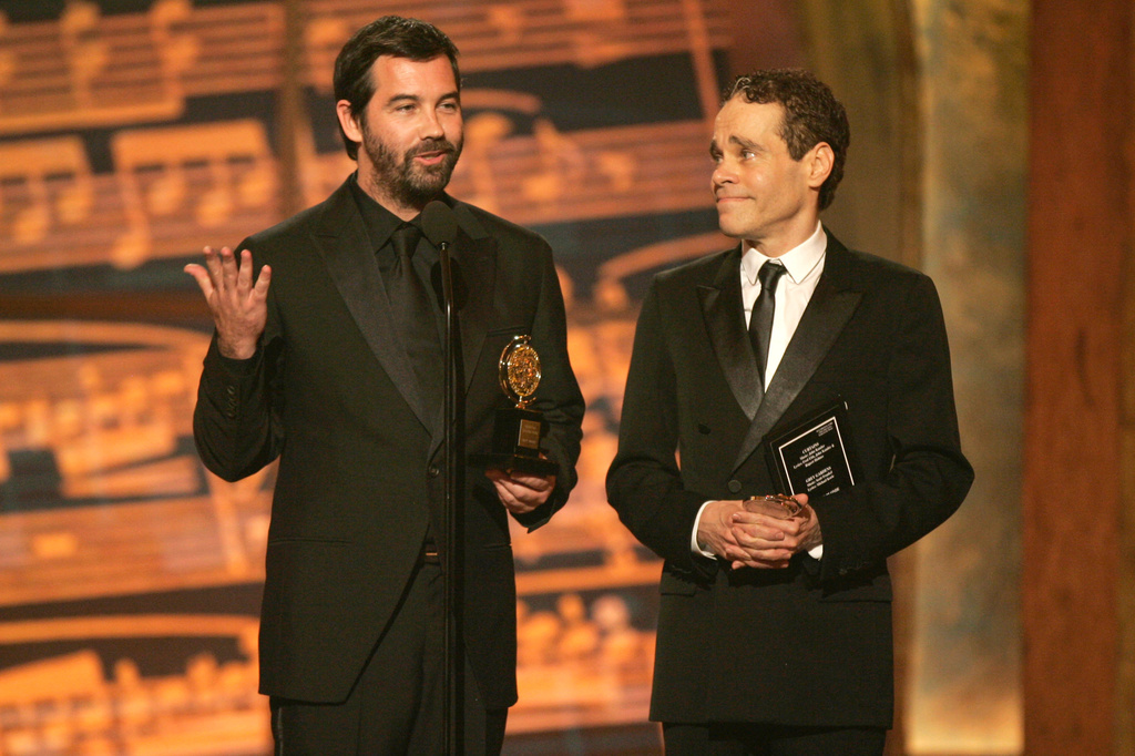 FILE - Duncan Sheik, left, and Steven Sater accept an award for "Spring Awakening" at the 61st Annual Tony Awards in New York, Sunday, June 10, 2007. (AP Photo/Jeff Christensen, File)