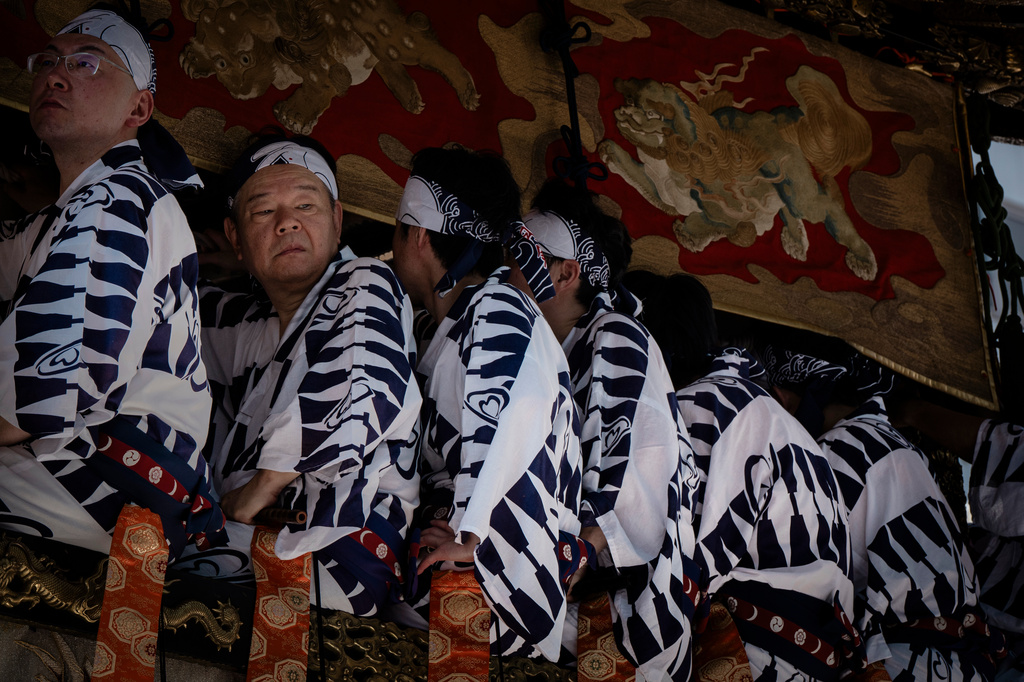 Musicians are seen atop a festival float during one of the main parades of Shinto's Gion Matsuri festival in Kyoto, western Japan, Friday, July 17, 2026. (AP Photo/Fred Mery)