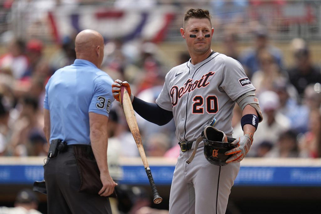 Detroit Tigers' Spencer Torkelson (20) stands at the plate after striking out to end the top of the first inning of a baseball game against the Minnesota Twins, Sunday, Aug. 17, 2025, in Minneapolis. (AP Photo/Abbie Parr)