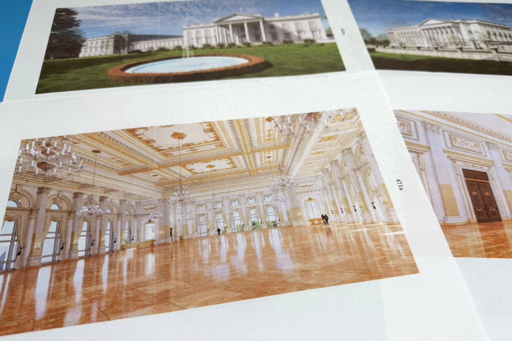 Artist renderings relating to White House Ballroom construction, contained in a filing by the Trump administration to the U.S. Supreme Court, are photographed Friday, Aug. 14, 2026. (AP Photo/Jon Elswick)