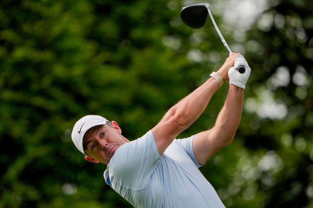 Rory McIlroy, of Northern Ireland, hits from the 16th tee during second round of the Truist Championship golf tournament at the Quail Hollow Club, Friday, May 8, 2026, in Charlotte, N.C. (AP Photo/Chris Carlson)