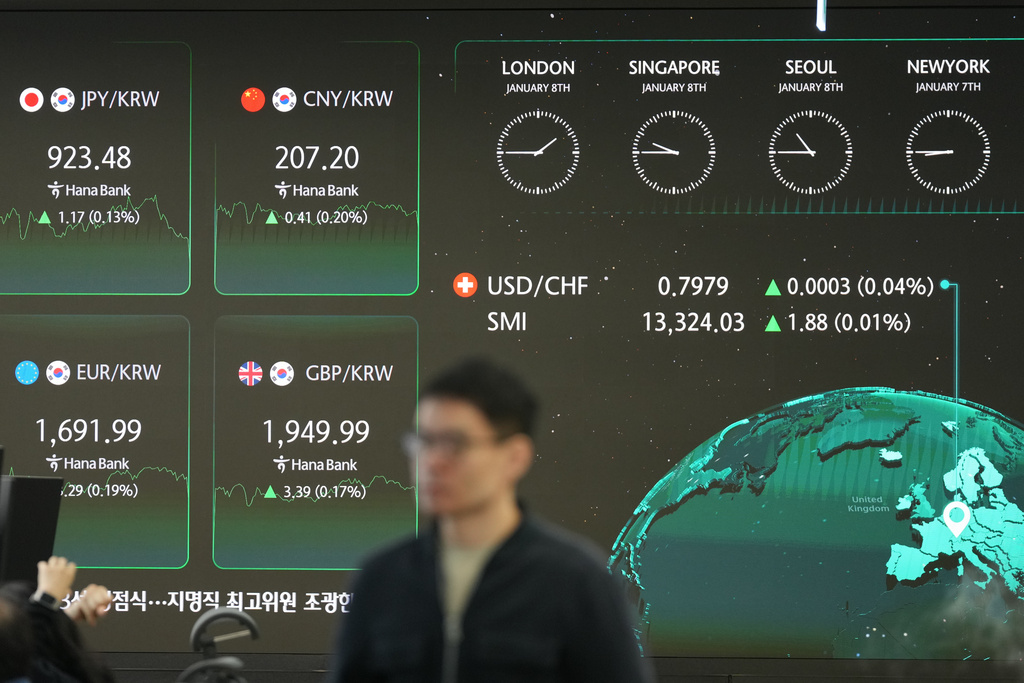 A dealer walks past near the screens showing the foreign exchange rates at a dealing room of Hana Bank in Seoul, South Korea, Thursday, Jan. 8, 2026. (AP Photo/Lee Jin-man)