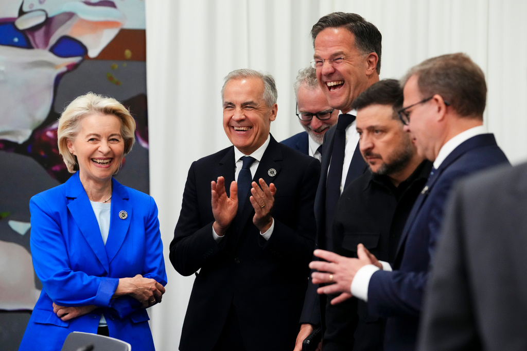 President of the European Commission Ursula von der Leyen, left to right, Canada Prime Minister Mark Carney, Secretary General of NATO Mark Rutte, President of Ukraine Volodymyr Zelenskyy and Prime Minister of Finland Petteri Orpo wait for the start of a meeting on the situation in Ukraine during the 8th European Political Community Summit in Yerevan, Armenia on Monday, May 4, 2026. (Sean Kilpatrick/The Canadian Press via AP)