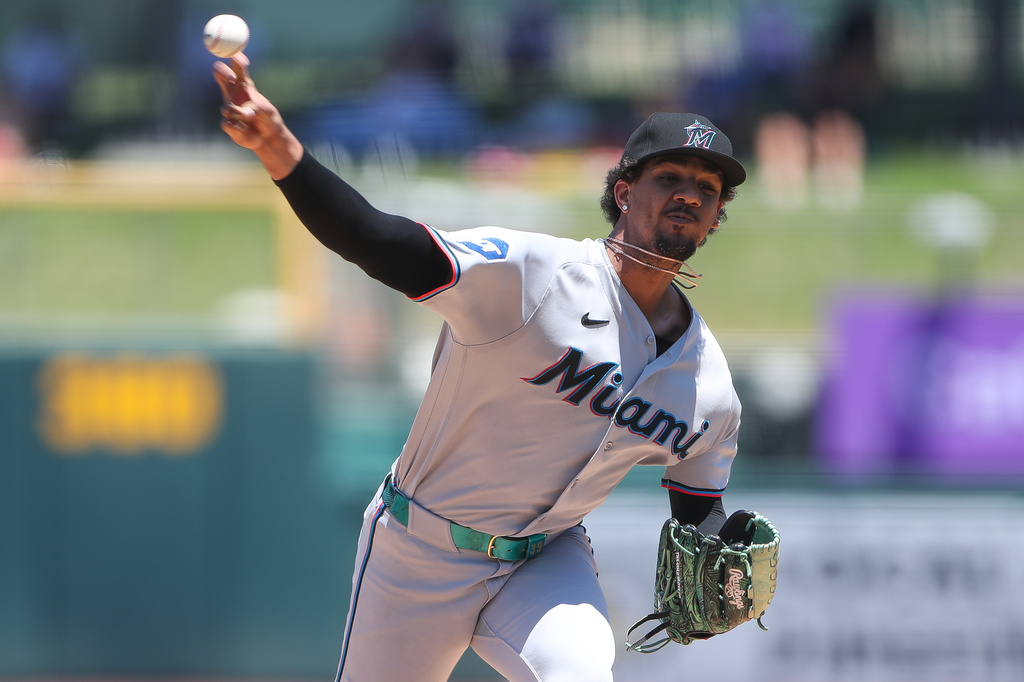 Miami Marlins pitcher Eury Pérez throws to an Athletics batter during the first inning of a baseball game Sunday, July 5, 2026, in West Sacramento, Calif. (AP Photo/Scott Marshall)
