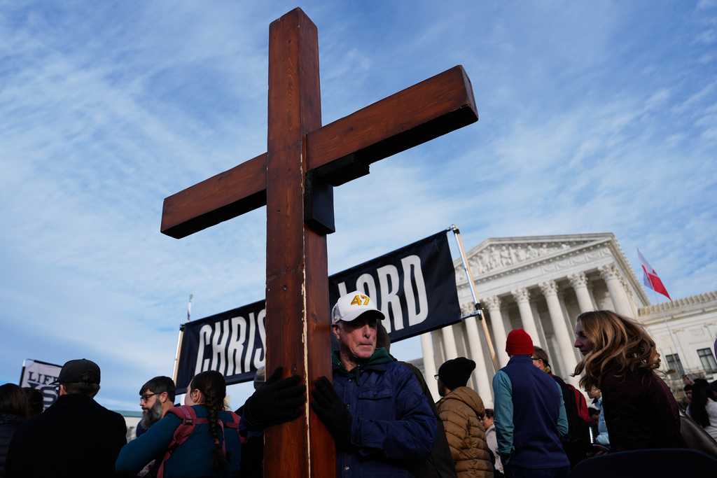 Anti-abortion demonstrators end the annual March for Life in front of the Supreme Court in Washington, Friday, Jan. 23, 2026. (AP Photo/Julia Demaree Nikhinson)