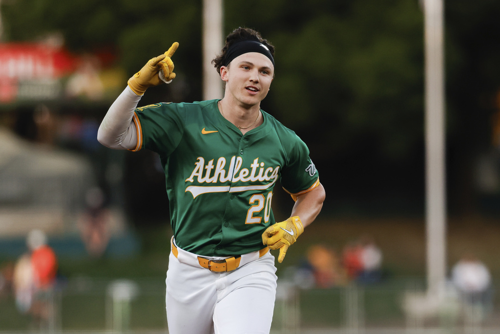 Athletics' Zack Gelof rounds the bases after hitting a two-run home run during the second inning of a baseball game against the Detroit Tigers, Wednesday, Aug. 27, 2025, in West Sacramento, Calif. (AP Photo/Sergio Estrada)