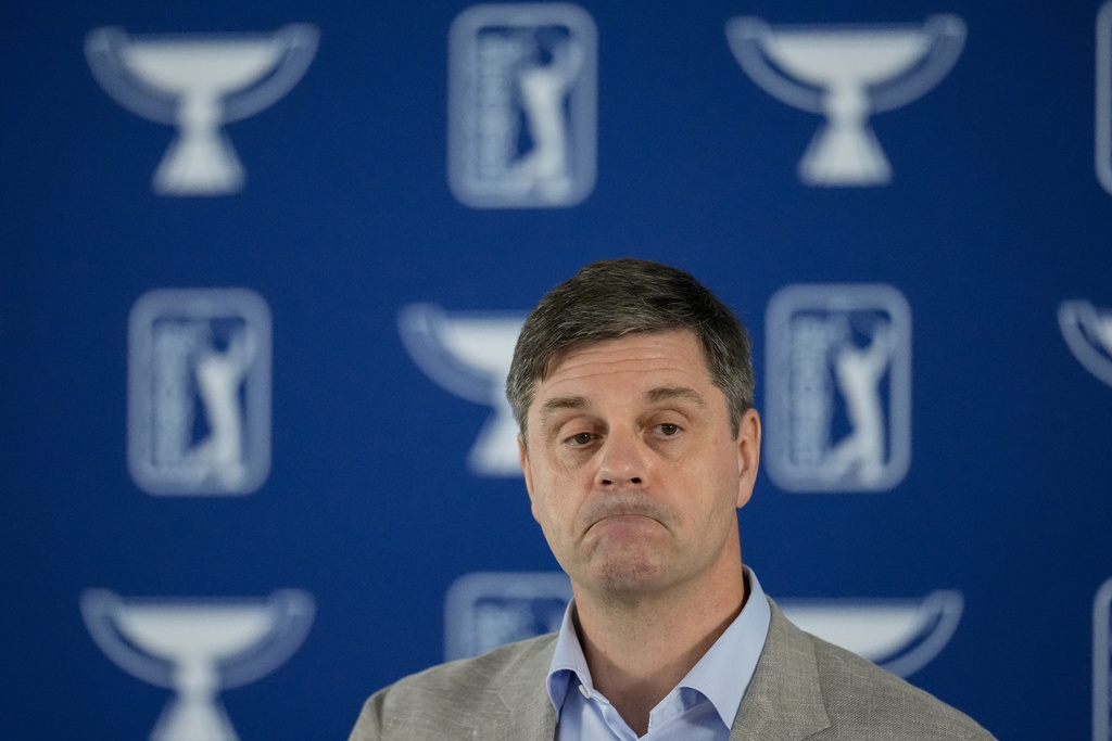 PGA Tour CEO Brian Rolapp speaks before a practice round of the Tour Championship golf tournament, Wednesday, Aug. 20, 2025, in Atlanta. (AP Photo/Mike Stewart)