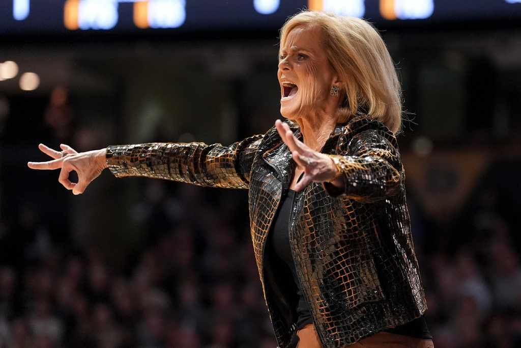 LSU head coach Kim Mulkey directs her team against Vanderbilt during the first half of an NCAA college basketball game Sunday, Jan. 4, 2026, in Nashville, Tenn. (AP Photo/Camden Hall)