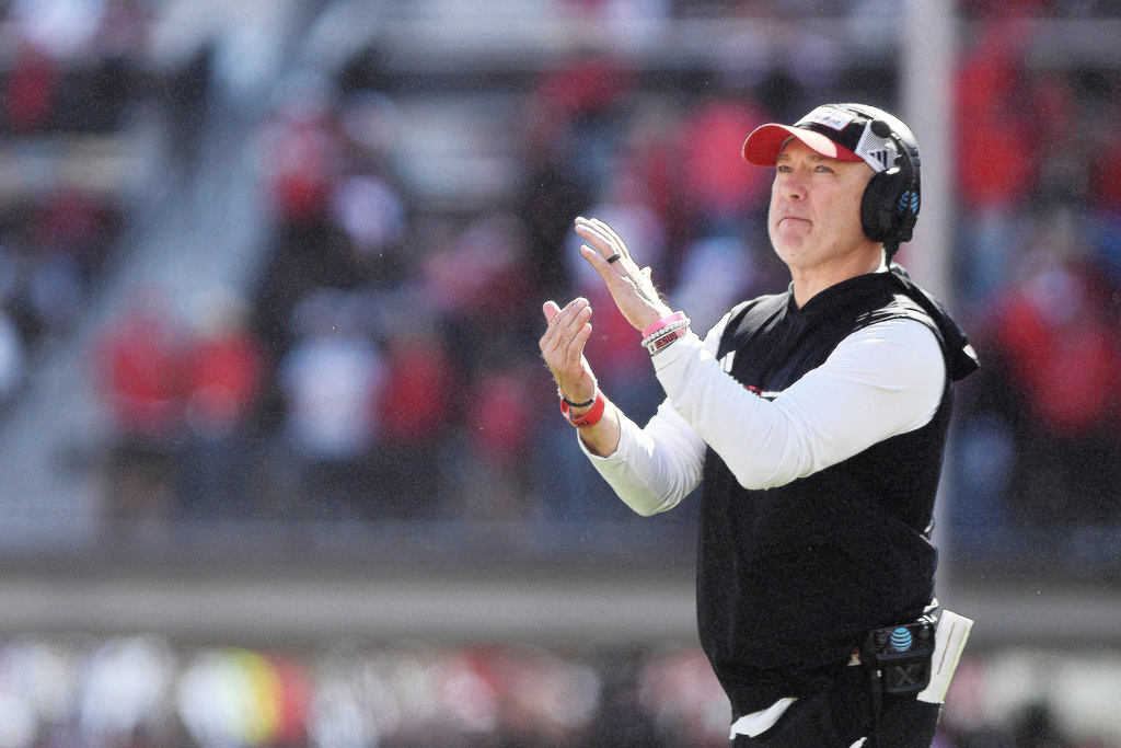 Texas Tech head coach Joey McGuire gestures for a timeout during an NCAA college football game against BYU, Saturday, Nov. 8, 2025, in Lubbock, Texas. (AP Photo/Annie Rice)
