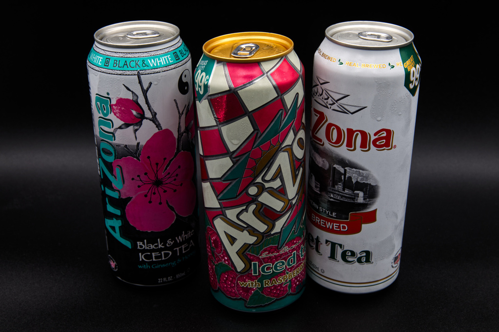 Three cans of Arizona Iced Tea are displayed in Phoenix, Sept. 4, 2026. (AP Photo/Dario Lopez-Mills)