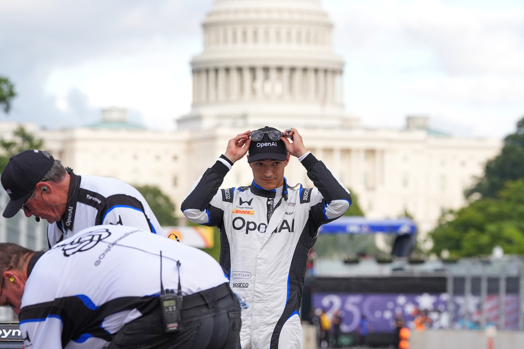 Race car diver Alex Palou after a qualifying race prior to Sunday's Freedom 250 Grand Prix auto race in Washington, Saturday, Aug. 22, 2026.(AP Photo/Alex Brandon)