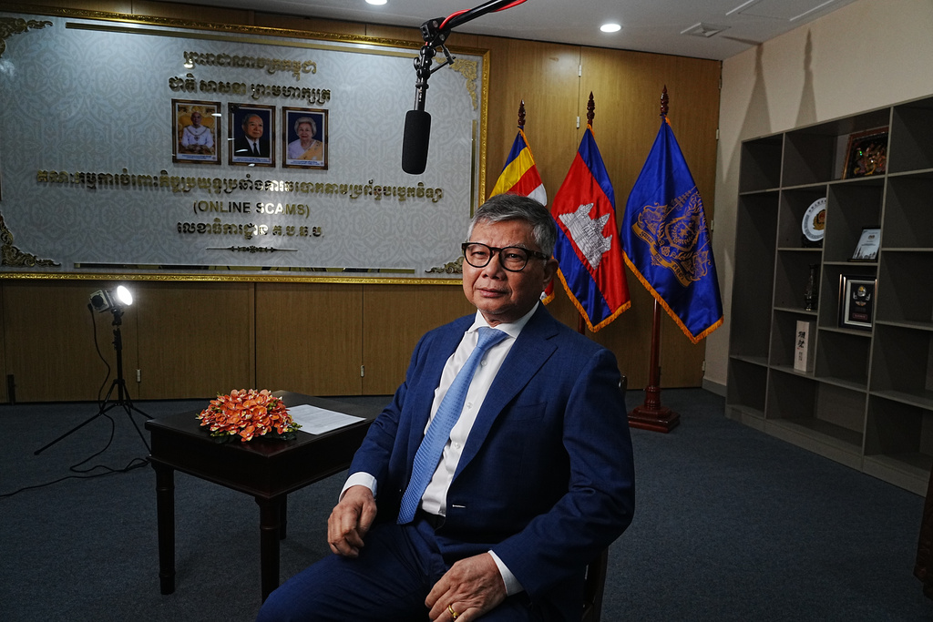 Senior Minister Chhay Sinarith, who is in charge of the Commission for Combating Online Scams, speaks to the Associated Press in Phnom Penh, Cambodia, Wednesday, March 11, 2026. (AP Photo/Heng Sinith)