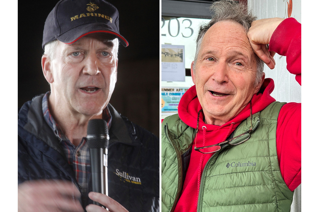 This combo shows U.S. Sen. Dan Sullivan, left, in Palmer, Alaska, on Aug. 17, 2026 and a candidate in Alaska's U.S. Senate race, Dan Sullivan, right, in Petersburg, Alaska, on July 3, 2026. (AP Photos/Mark Thiessen/Becky Bohrer)