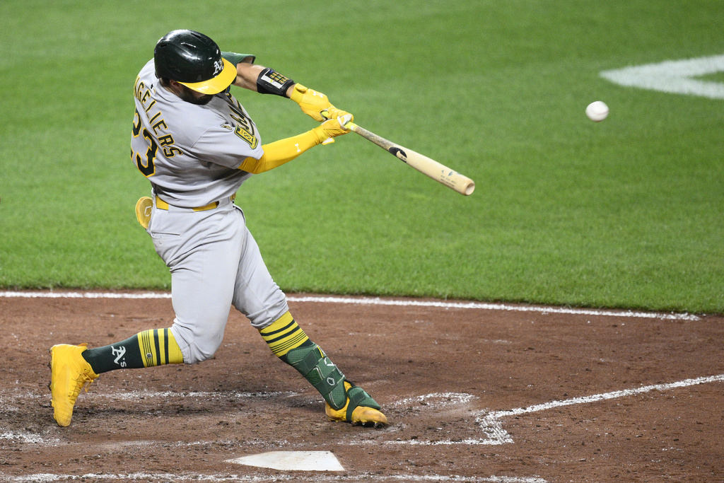 Athletics' Shea Langeliers hits a ground rule double, driving in a run, during the fifth inning of a baseball game against the Baltimore Orioles, Saturday, Aug. 9, 2025, in Baltimore. (AP Photo/Nick Wass)