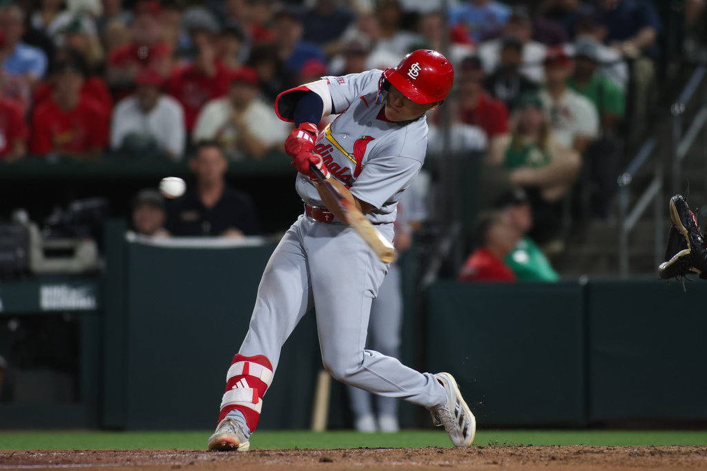 St. Louis Cardinals' JJ Wetherholt hits a two run home run during the sixth inning of a baseball game against the Athletics Tuesday, May 12, 2026, in West Sacramento, Calif. (AP Photo/Scott Marshall)