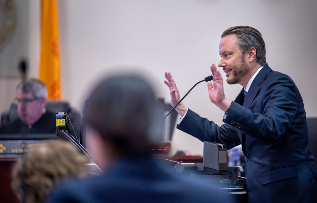 Meta attorney Kevin Huff makes closing arguments, Monday, March 23, 2026, in state court, in Santa Fe, N.M., in a trial where the social media conglomerate is accused of misleading its users about how safe its platforms are for children. (Eddie Moore/The Albuquerque Journal via AP, Pool)