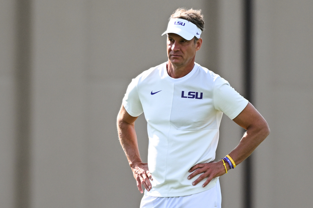 FILE - LSU head coach Lane Kiffin watches his team during spring NCAA college football practice, Tuesday, March 24, 2026, in Baton Rouge, La. (Javier Gallegos/The Advocate via AP, File)