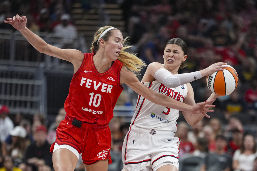 Indiana Fever guard Lexie Hull (10) defends Washington Mystics guard Jade Melbourne (5) in the second half of a WNBA basketball game in Indianapolis, Friday, Aug. 15, 2025. (AP Photo/Michael Conroy)