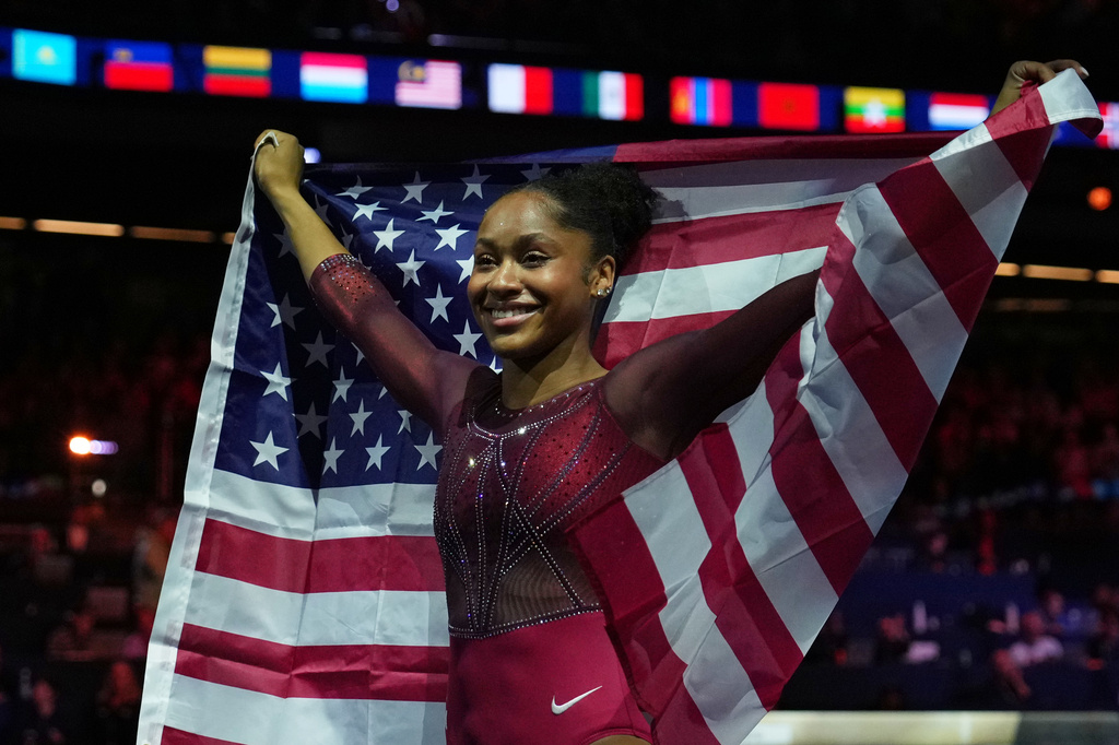 Skye Blakely, of the United States, celebrates after winning the gold medal in the women's all-around final at the Artistic Gymnastics World Championships in Rotterdam, the Netherlands, Friday, Oct. 23, 2026. (AP Photo/Francisco Seco)