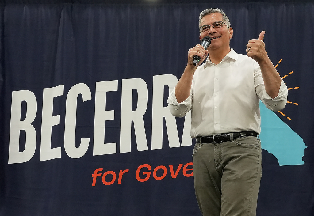 California gubernatorial candidate,Xavier Becerra, D-CA appears at a town hall meeting in Sacramento, Calif., Monday, May 11, 2026. (AP Photo/Rich Pedroncelli)