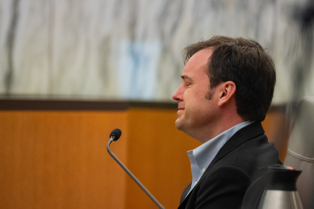 Camp director Edward Eastland gets emotional as he testifies during a hearing on a suit against Camp Mystic in the 459th State District Court, in Austin, Texas, Monday, April 13, 2026. (Mikala Compton/Austin American-Statesman via AP)