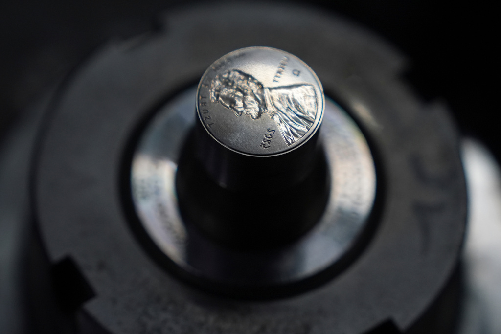 A die for a penny press is seen at the U.S. Mint in Philadelphia, Wednesday, Nov. 12, 2025. (AP Photo/Matt Slocum)