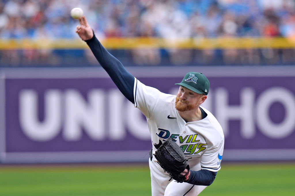 Tampa Bay Rays pitcher Drew Rasmussen delivers to the Cleveland Guardians during the first inning of a baseball game Sunday, July 26, 2026, in St. Petersburg, Fla. (AP Photo/Chris O'Meara)