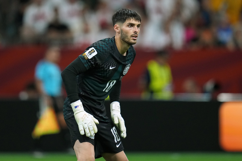 Australia goalkeeper Patrick Beach (18) during the World Cup Group D soccer match between Australia and Turkey in Vancouver, British Columbia, Saturday, June 13, 2026. (AP Photo/Abbie Parr)