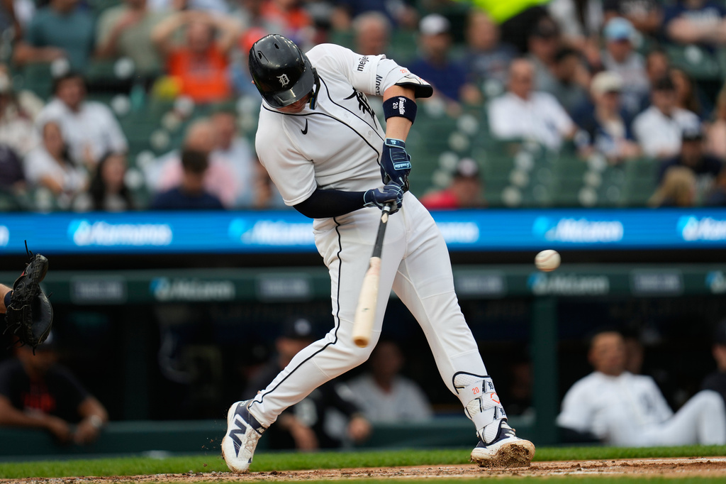 Detroit Tigers' Spencer Torkelson hits a two-run home run against the Cleveland Guardians during the second inning of a baseball game Tuesday, May 19, 2026, in Detroit. (AP Photo/Paul Sancya)