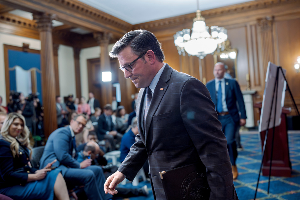 FILE - Speaker of the House Mike Johnson, R-La., leaves after holding a news conference on the 6th day of the government shutdown, at the Capitol in Washington, Oct. 6, 2025. Johnson kept the House out of session for the second week in a row during the shutdown. (AP Photo/J. Scott Applewhite, File)