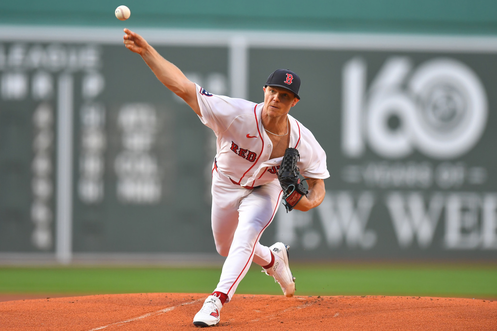 Boston Red Sox's Sonny Gray delivers a pitch to a New York Yankees batter in the first inning of a baseball game, Sunday, June 28, 2026, in Boston. (AP Photo/Steven Senne)