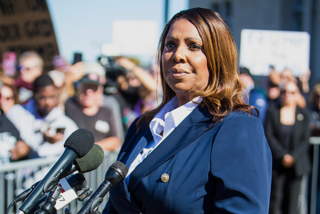 New York Attorney General, Letitia James, speaks after pleading not guilty outside the United States District Court on Friday, Oct. 24, 2025, in Norfolk, Va. (AP Photo/John Clark)