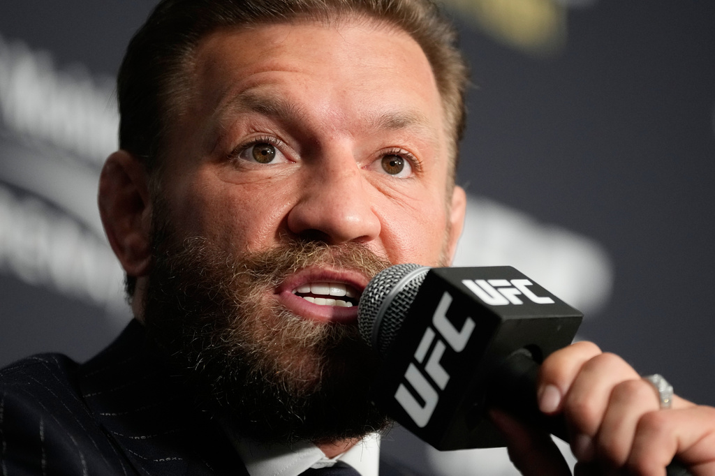 Conor McGregor speaks during a news conference for the UFC 329 mixed martial arts event Wednesday, July 8, 2026, in Las Vegas. (AP Photo/John Locher)