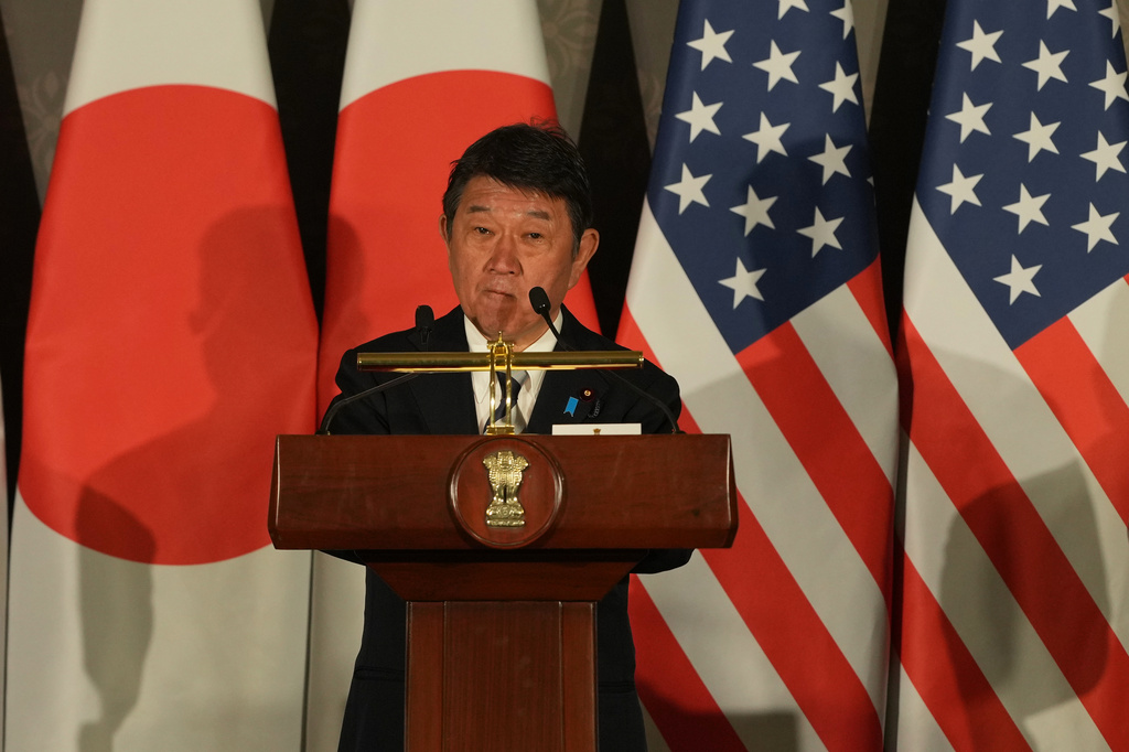 Japanese Foreign Minister Toshimitsu Motegi speaks to reporters following a Quad ministerial meeting at Hyderabad House in New Delhi, India, Tuesday, May 26, 2026. (AP Photo/Manish Swarup)